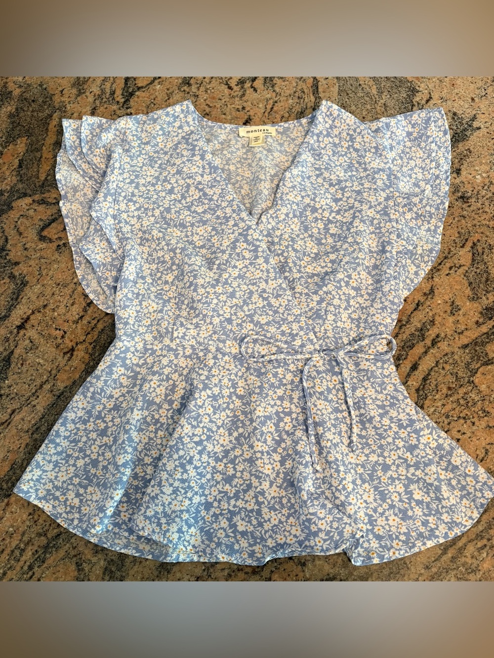 Monteau Wrap Peplum Blouse Size M Blue Floral Flutter Sleeve